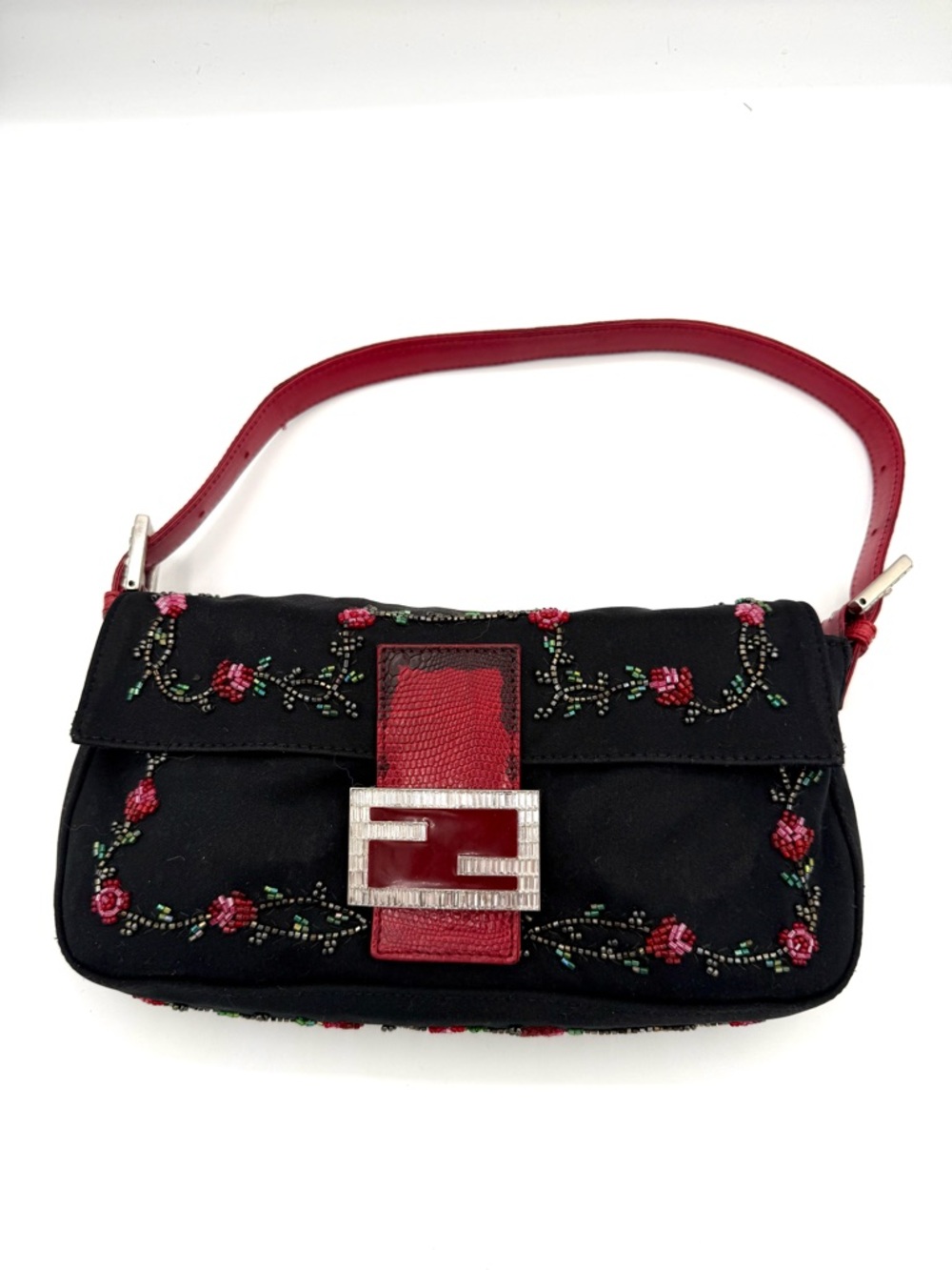 Fendi Black Neoprene Beaded Rhinestone Floral Baguette with Red Lizard Accent